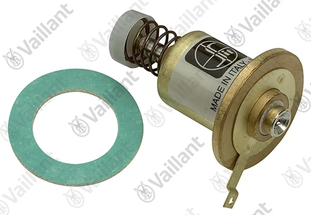 Vaillant Magnetventil mit Feder und Dichtungsmaterial in einer scheibenförmigen Form. Konstruiert für den Einsatz in Heizungsanlagen.